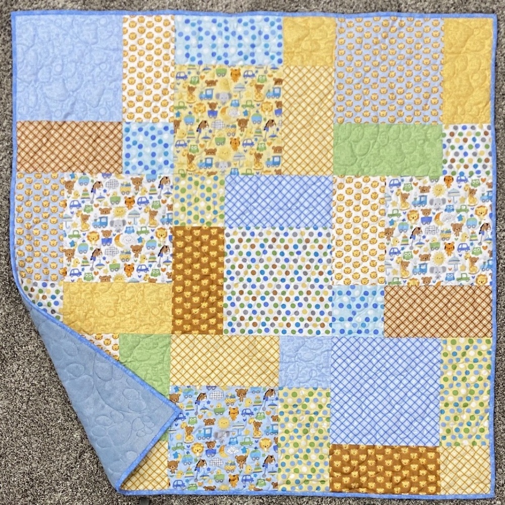 Baby Boy Quilt Blanket Handmade Toddler Child Kid Blue Yellow Animal Riley Blake